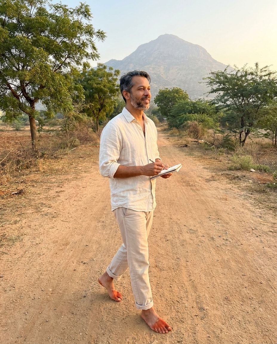 Caetano caminhando descalço ao amanhecer numa estrada de terra com a montanha Arunachala ao fundo, Tiruvannamalai