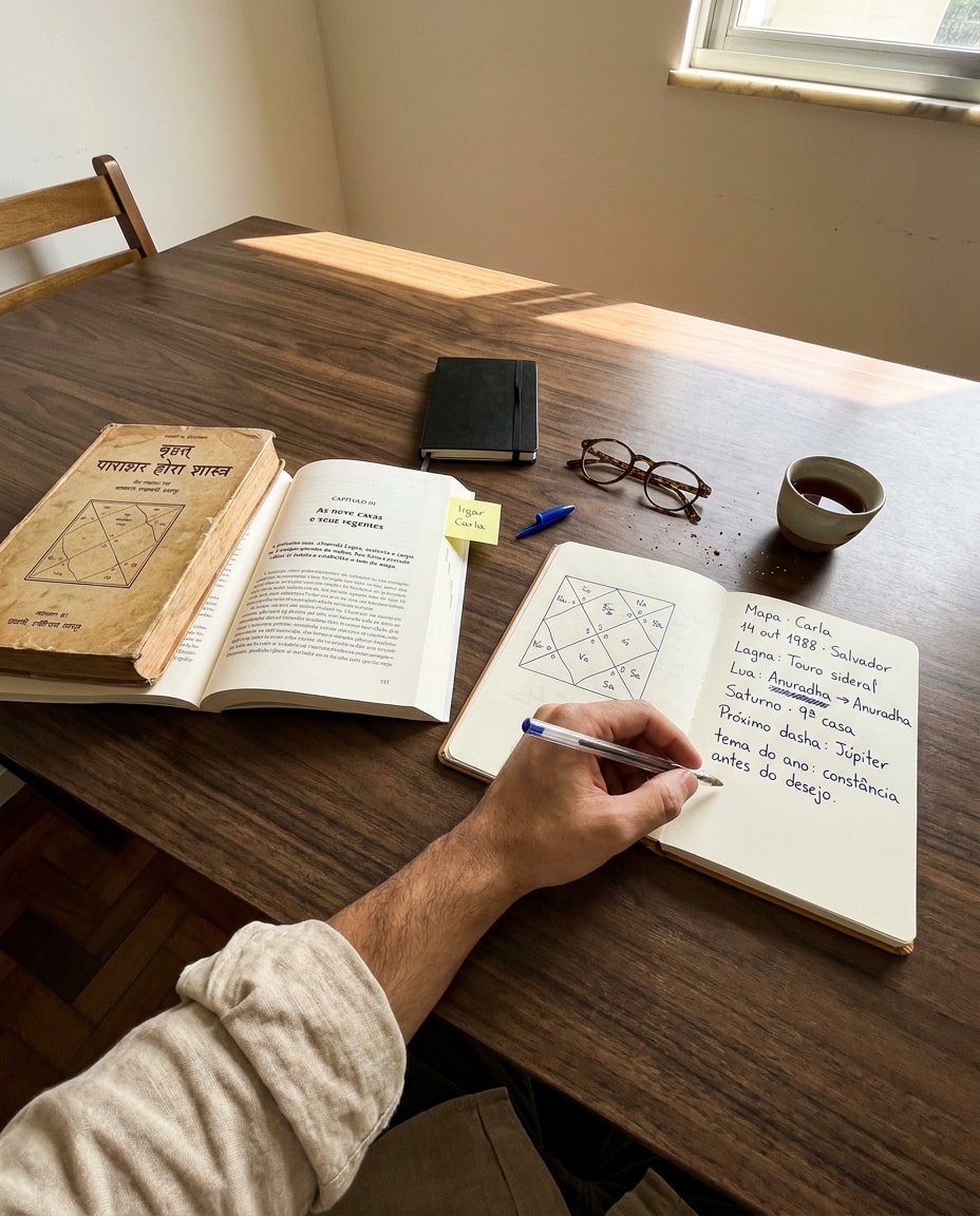 Mesa de estudo com Brihat Parashara Hora Sastra e Phaladeepika abertos, caderno com chart astrológico desenhado à mão, xícara de chá e óculos