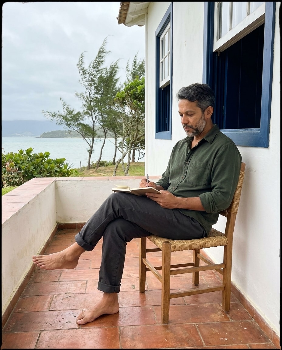 Caetano sentado numa cadeira de palha na varanda de uma casa simples no litoral, escrevendo num caderno ao entardecer